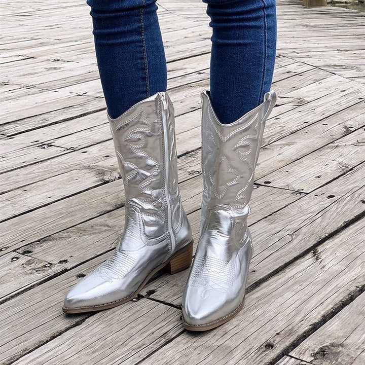 Women's Cowboy Boots with Medium Heel and Zipper