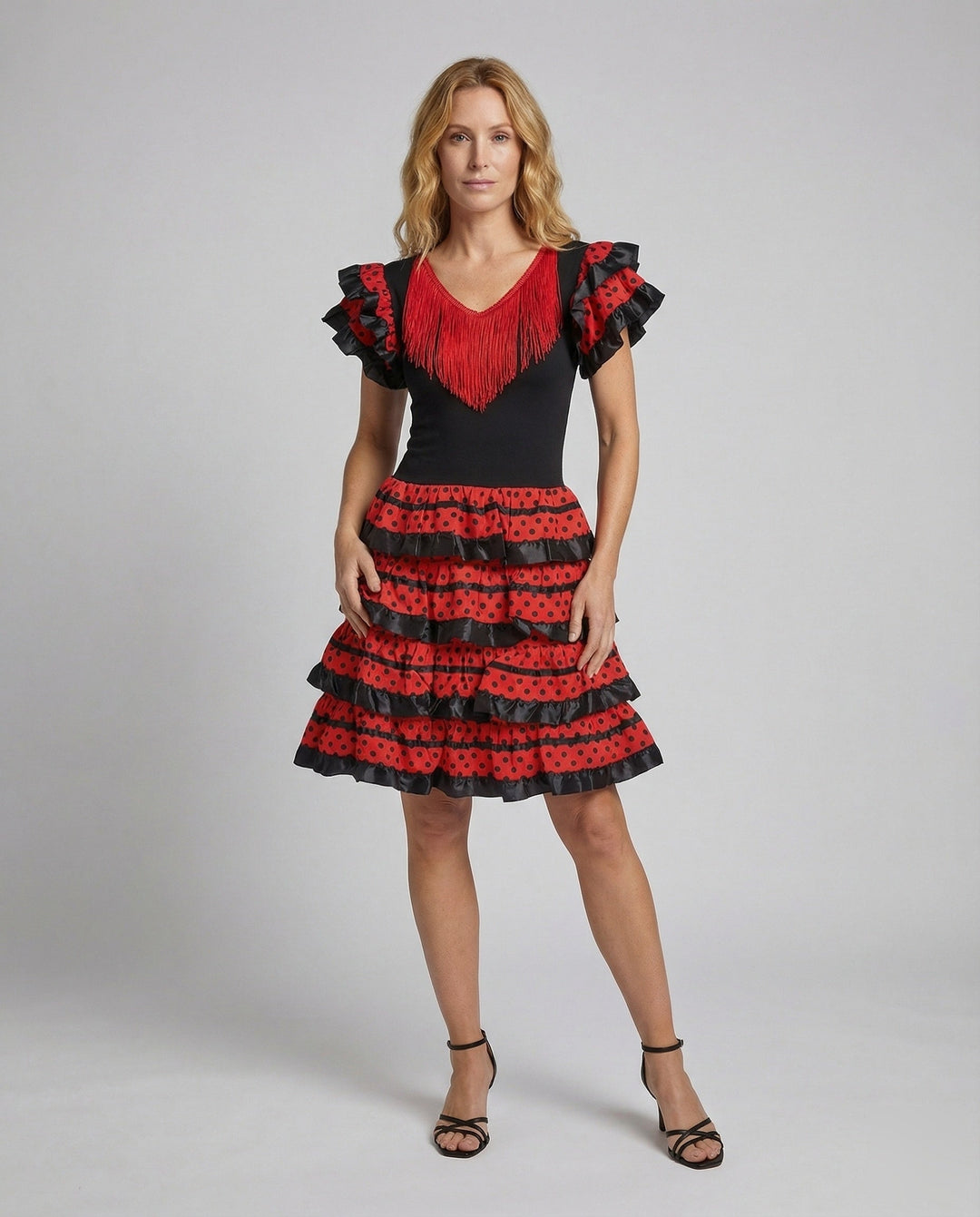 Damen-Flamenco-Tanzkleid mit Fransen und Volantrock auf der Vorderseite