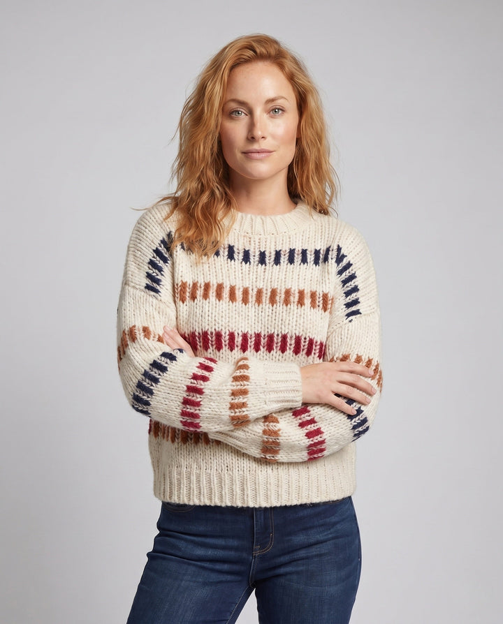 Mehrfarbiger Damenpullover mit gestreiftem Strickmuster von vorn