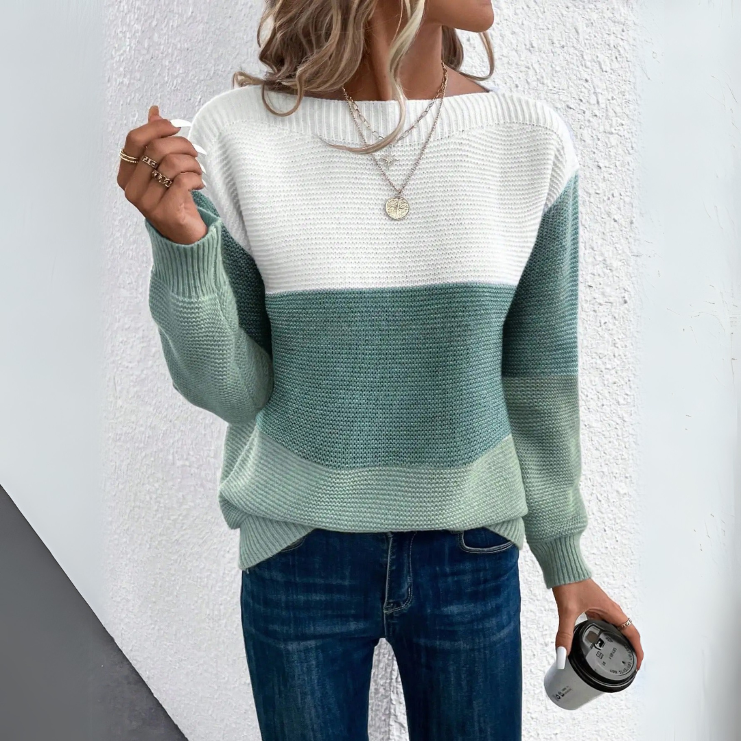Damen-Strickpullover im Farbblock-Design mit elegantem U-Boot-Ausschnitt