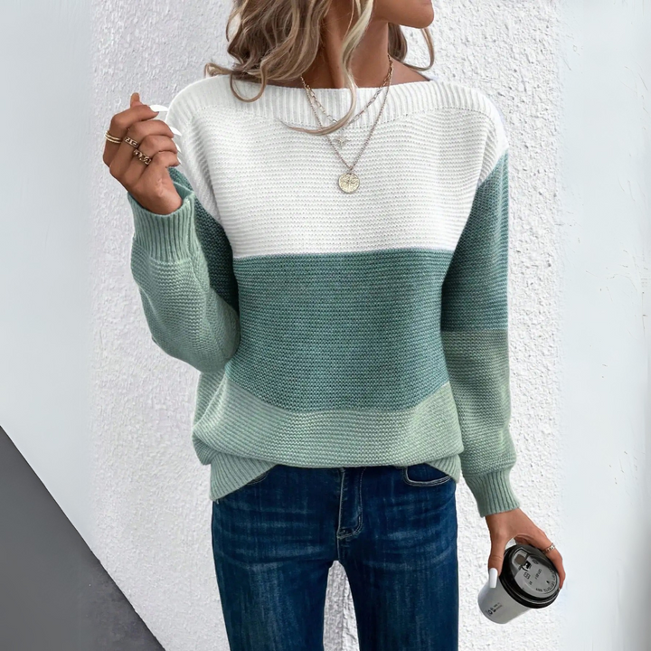 Damen-Strickpullover im Farbblock-Design mit elegantem U-Boot-Ausschnitt