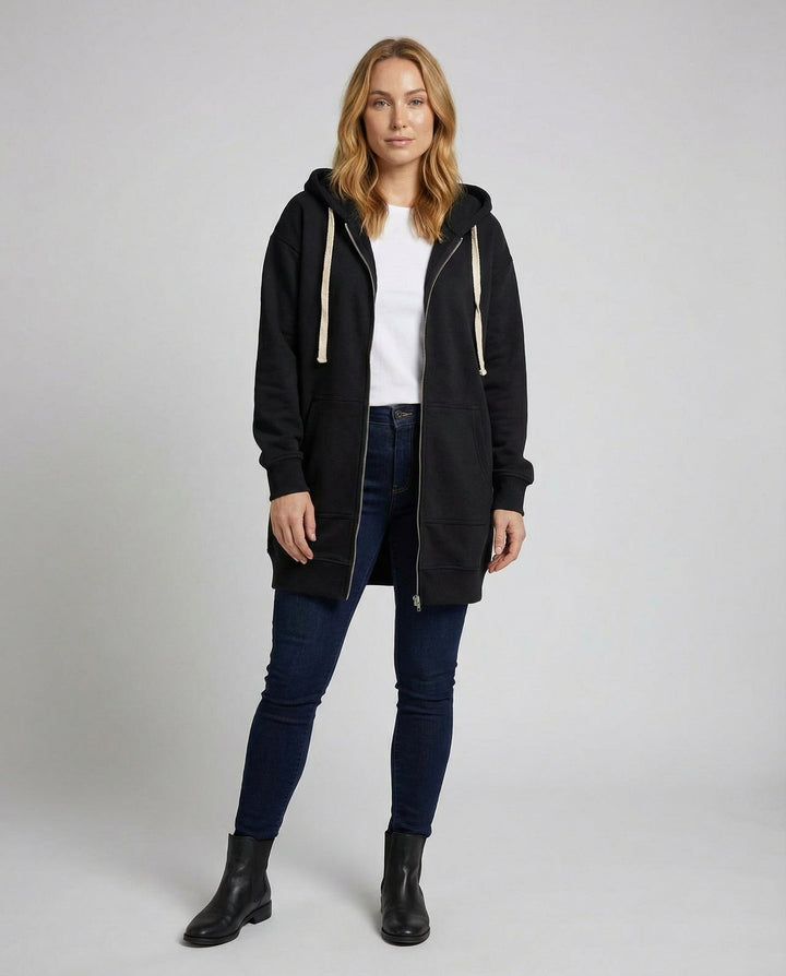 Damen-Hoodie in knielanger Form mit Kapuze und durchgehendem Reißverschluss