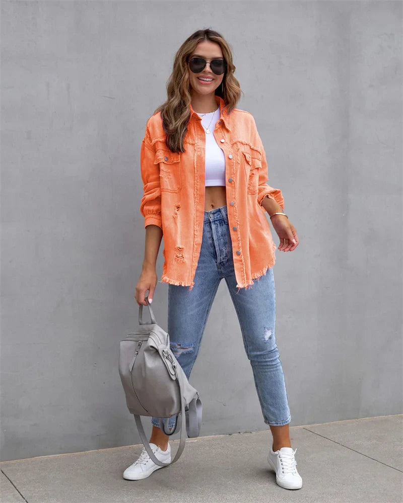 Anna® I Jeansjacke mit ungesäumten Kanten, Frühling, Rosarot, Orange, Lila