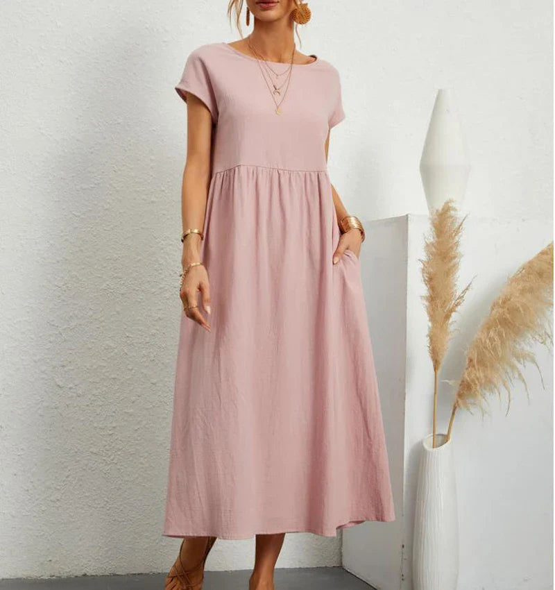 Amelia®  I Elegantes einfarbiges Sommerkleid aus Baumwolle und Leinen