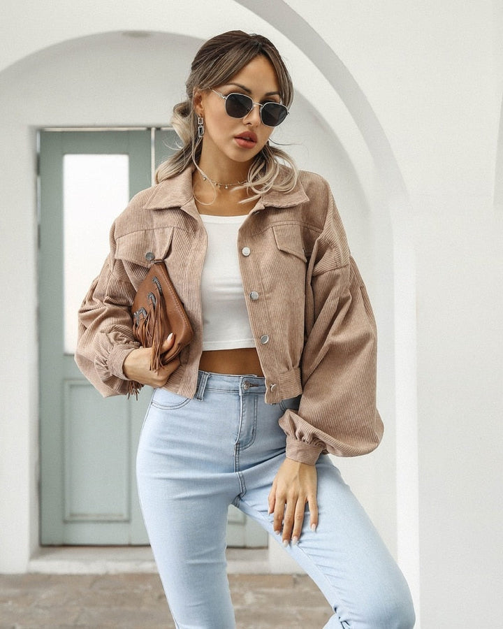 Women's Cropped Jacket with Pockets and Buttons