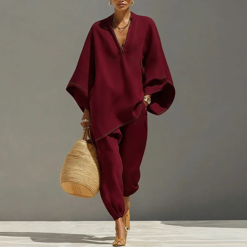 Damen Outfit als Zweiteiler mit schmal zulaufender Hose für den Sommer