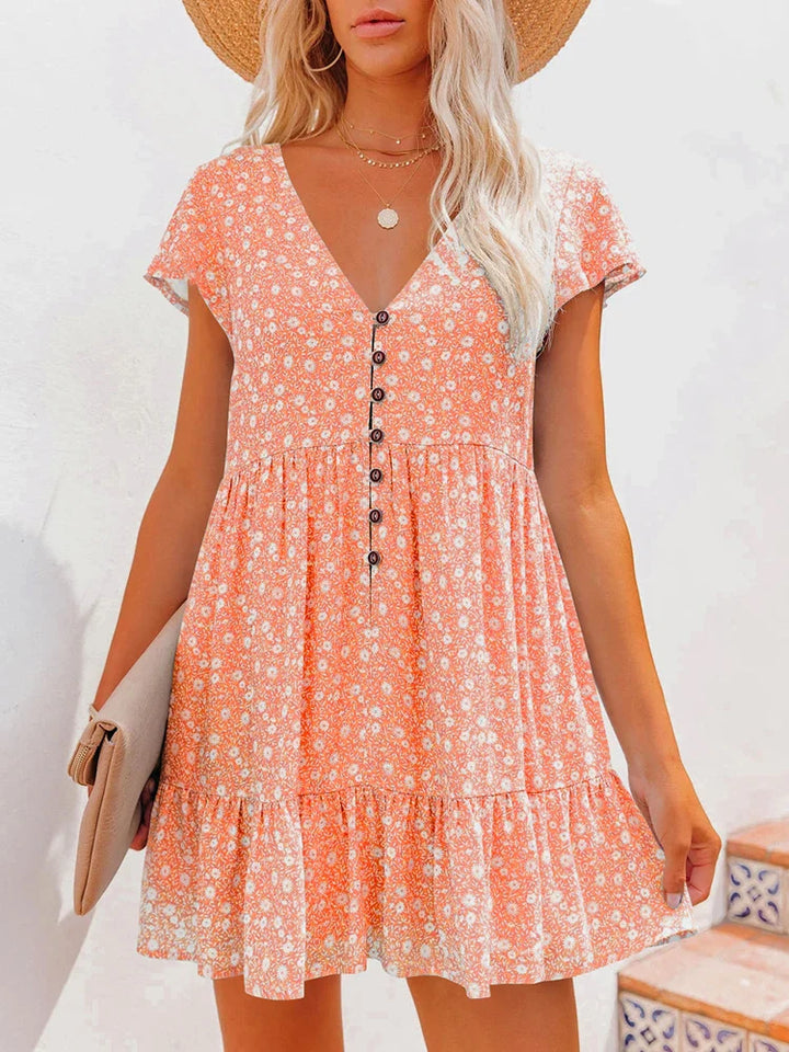 Damen Sommer Blumen V-Ausschnitt Falten Mini Kleid