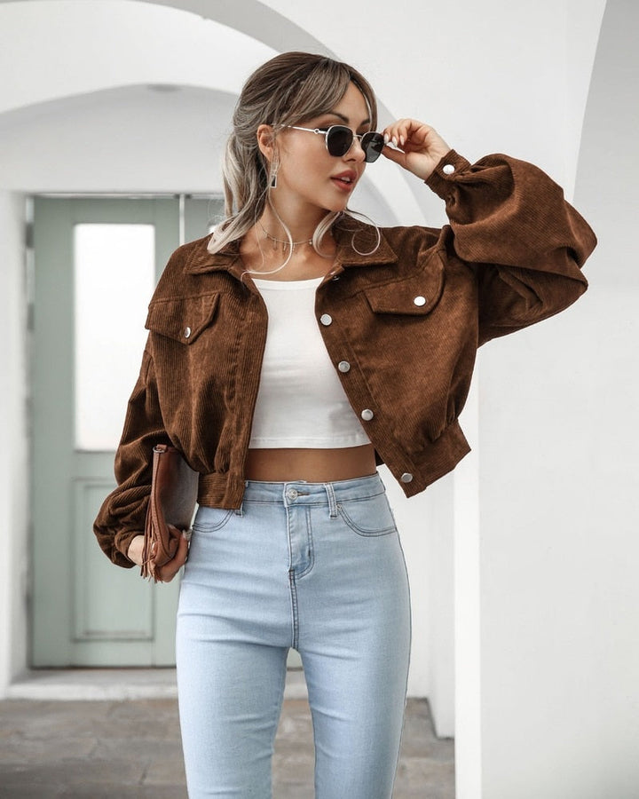 Women's Cropped Jacket with Pockets and Buttons