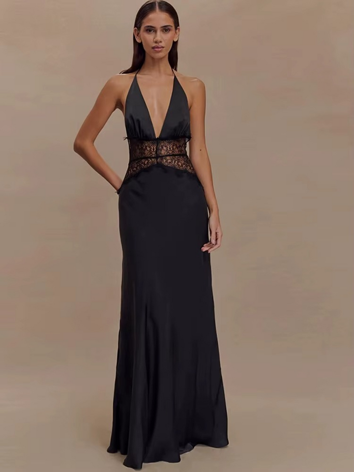 Maxikleid mit Neckholder, Spitzeneinsatz und freiem Rücken