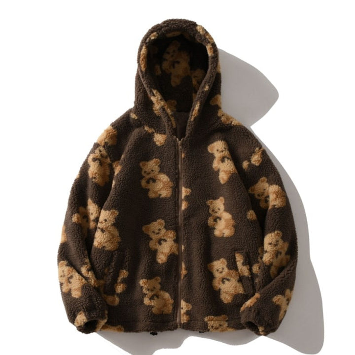 Damen Plüschjacke Mit Kapuze Und Bärendruck