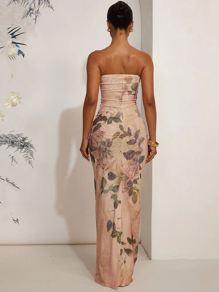 Damenkleid mit trägerlosem Ausschnitt und floralem Muster