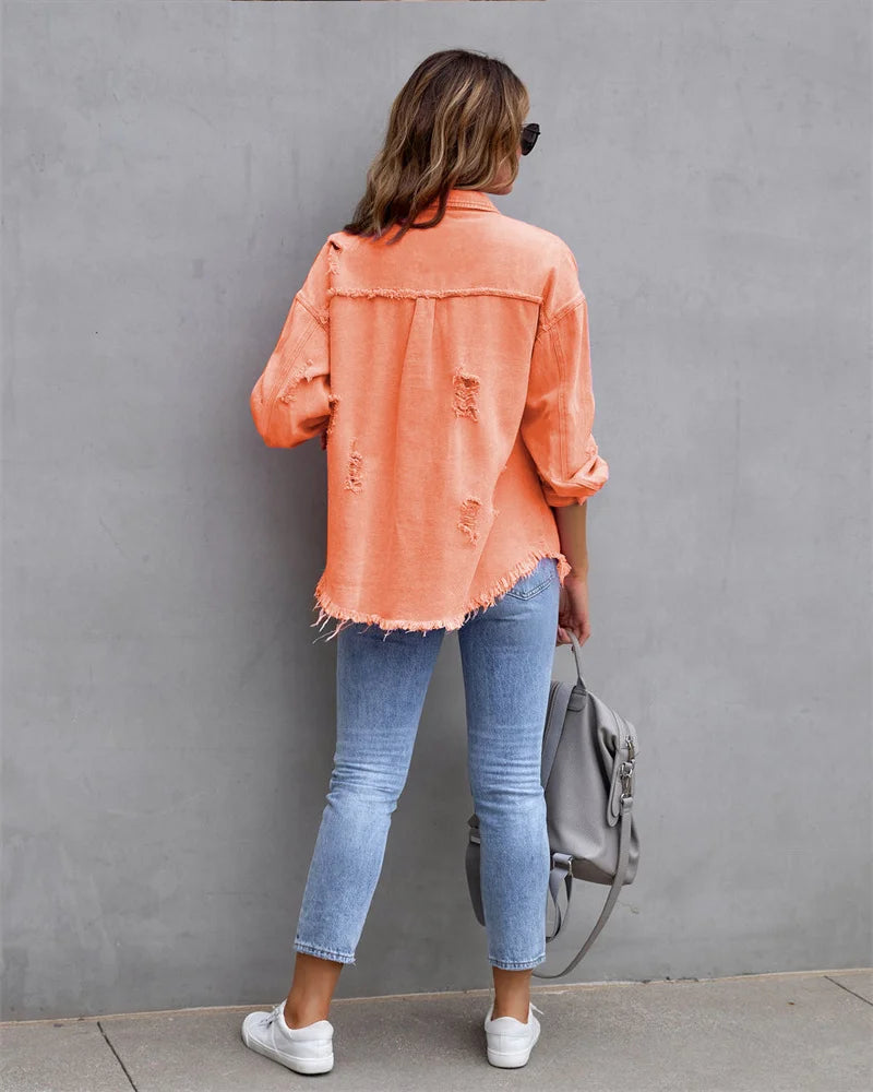 Anna® I Jeansjacke mit ungesäumten Kanten, Frühling, Rosarot, Orange, Lila