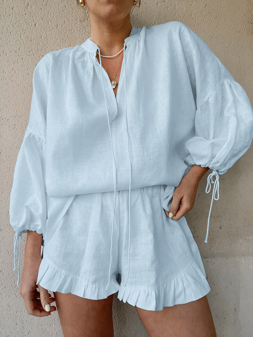 Zweiteiliges Damen Set aus Baumwolle mit V-Ausschnitt - Bequem & Leger