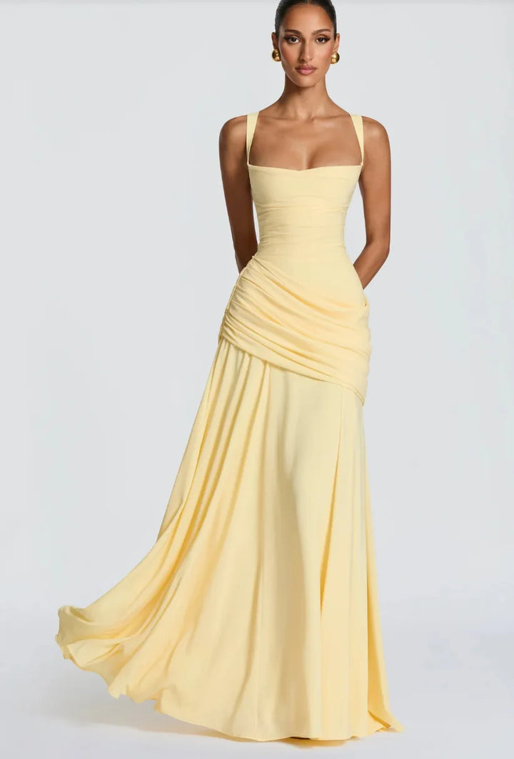 Gelbes gerafftes Drapiertes Maxikleid