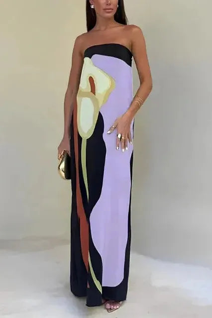 Damen Maxikleid Schulterfrei Mit Abstract Print