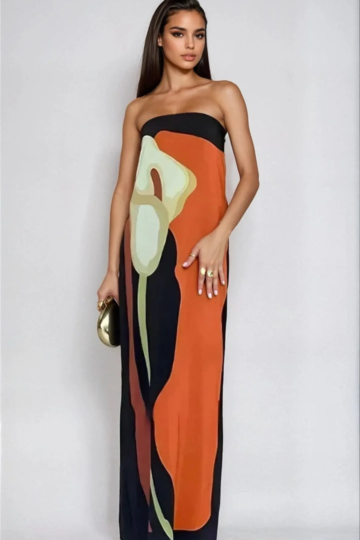 Damen Maxikleid schulterfrei mit abstract print in voller Länge