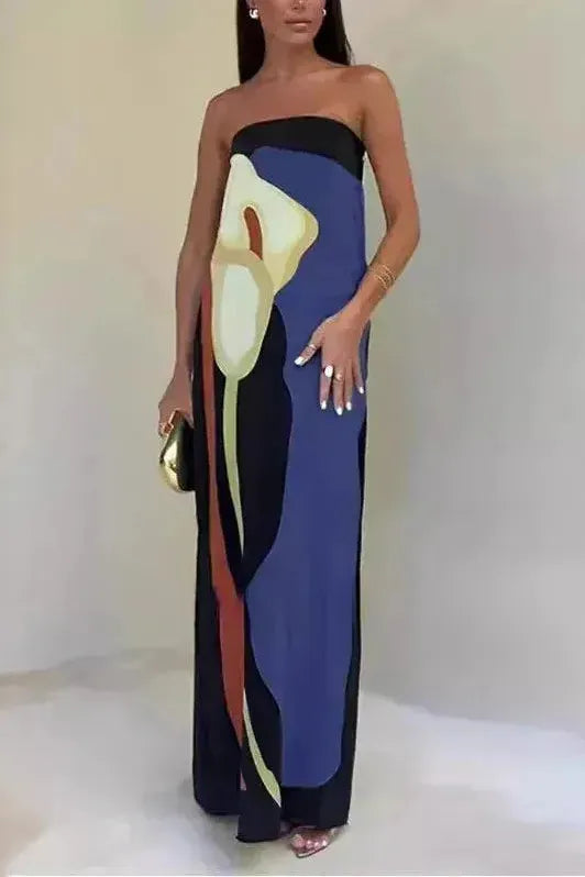 Damen Maxikleid Schulterfrei Mit Abstract Print