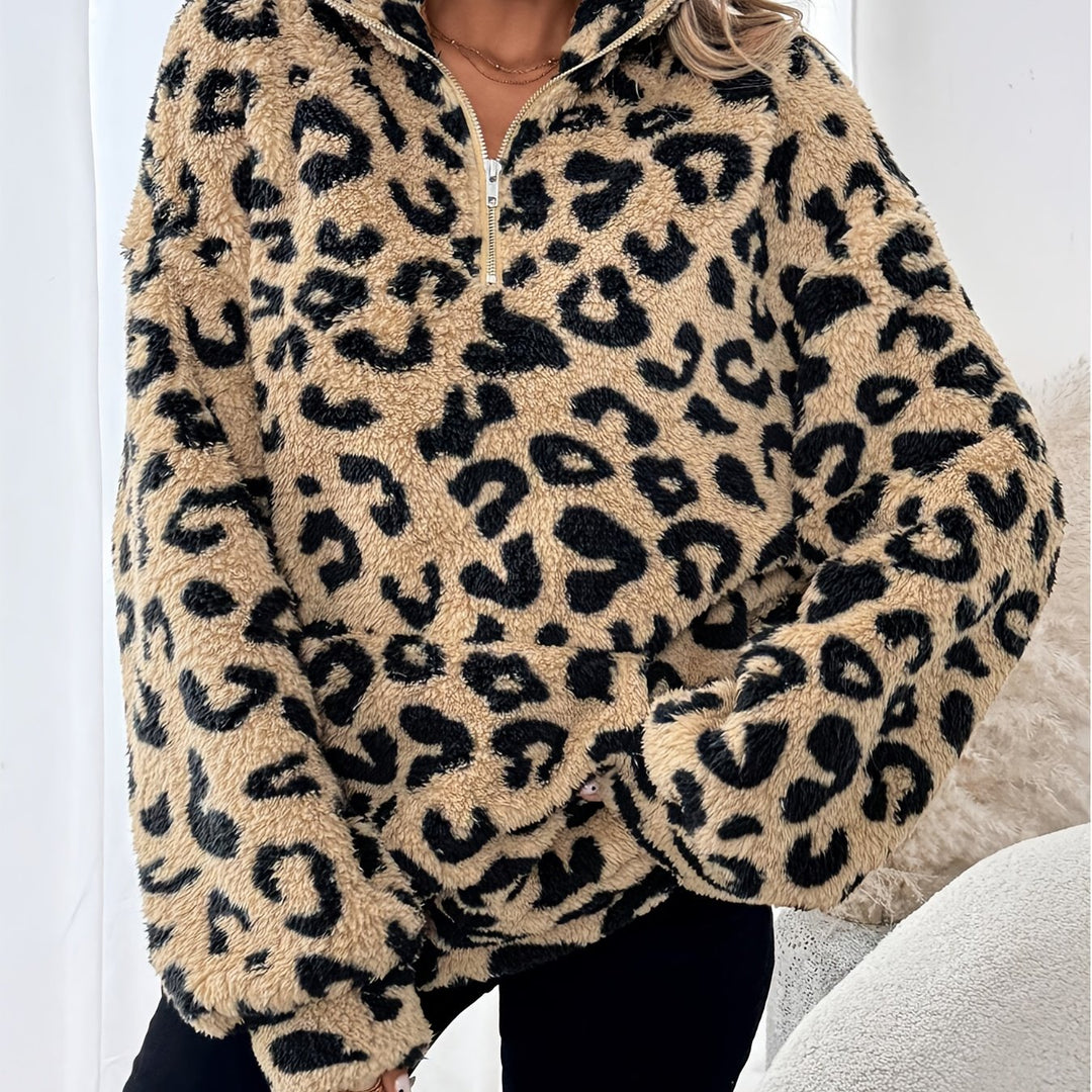Damenpullover mit Leopardenmuster und halbem Reißverschluss