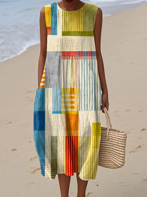 Damen Midi Kleid Mit Print Ärmellos Locker