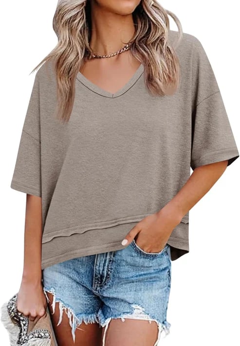 Damen T-Shirt mit V-Ausschnitt in lockerem, leichtem Schnitt, Vorderansicht
