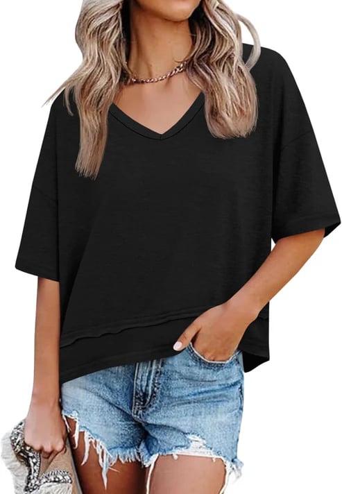 Locker fallendes Damen T-Shirt mit V-Ausschnitt, Rückansicht