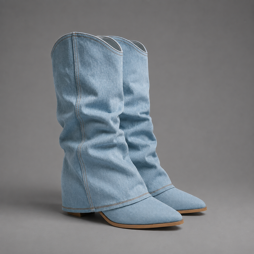 Damen Kniehohe Denimstiefel Mit Blockabsatz