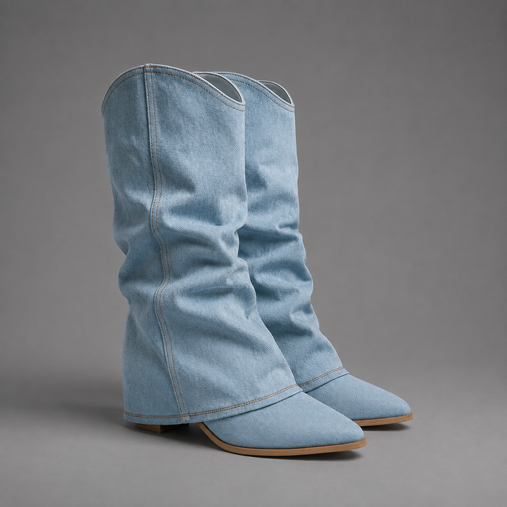 Damen Kniehohe Denimstiefel Mit Blockabsatz