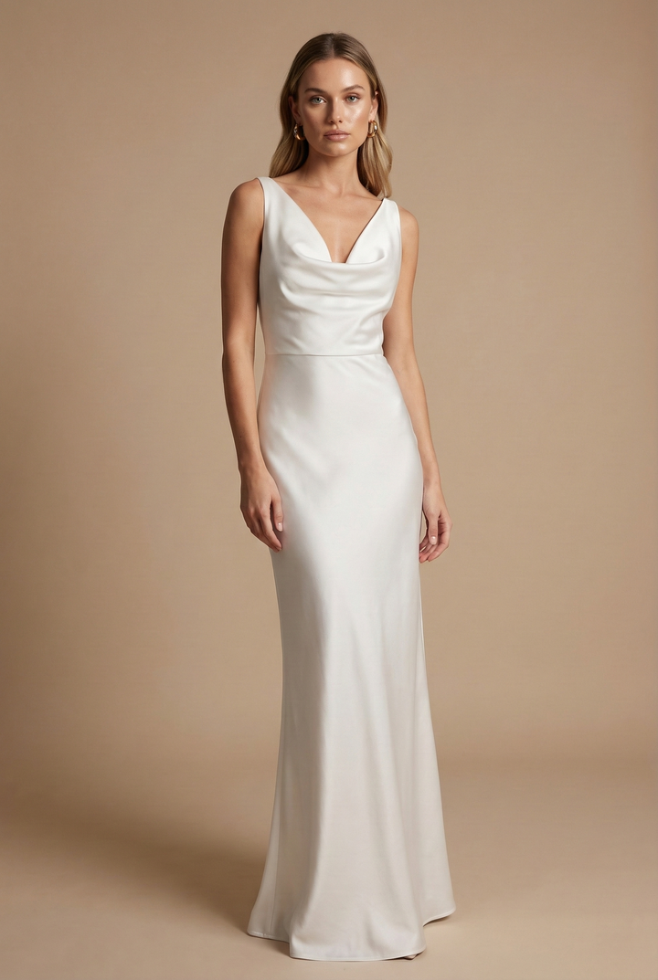 Damen-Satin-Maxikleid mit drapiertem Ausschnitt in voller Länge