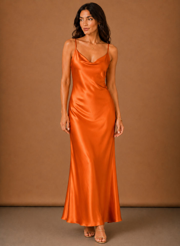 Damen Maxikleid Satin Mit Wasserfallausschnitt