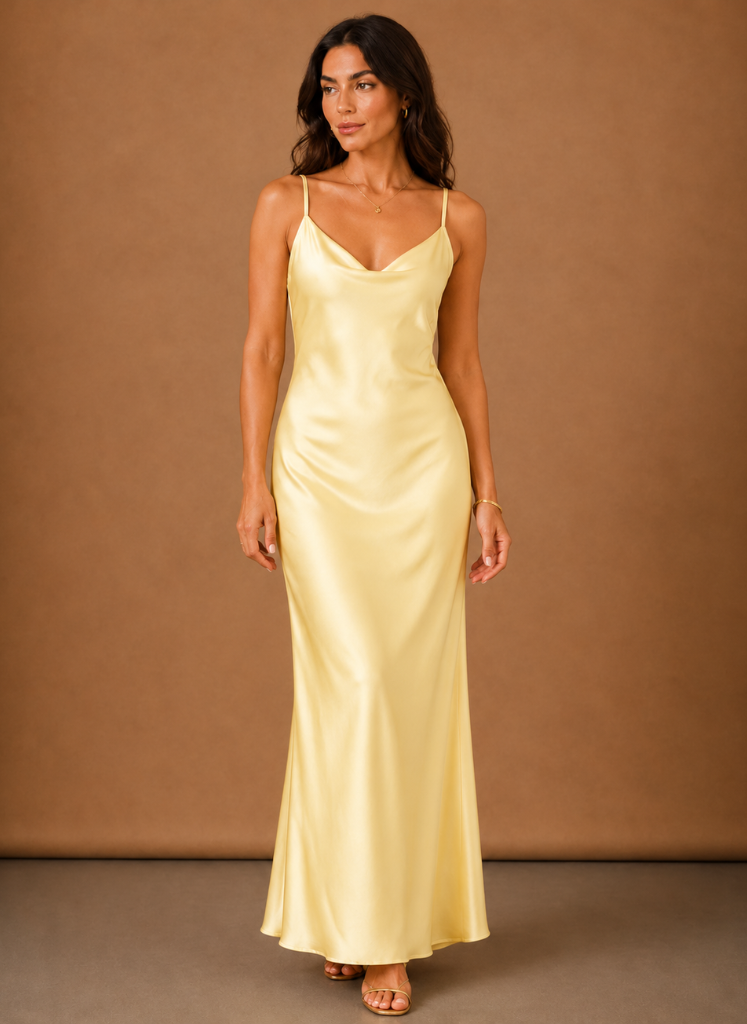 Damen Maxikleid Satin Mit Wasserfallausschnitt