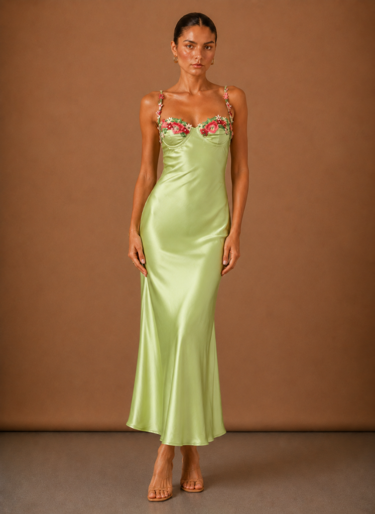 Damen Maxikleid Satin Mit Blumenapplikation