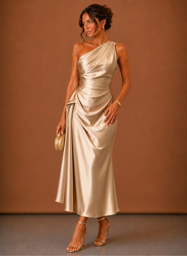 Damen Midi Kleid Satin One Shoulder Elegant