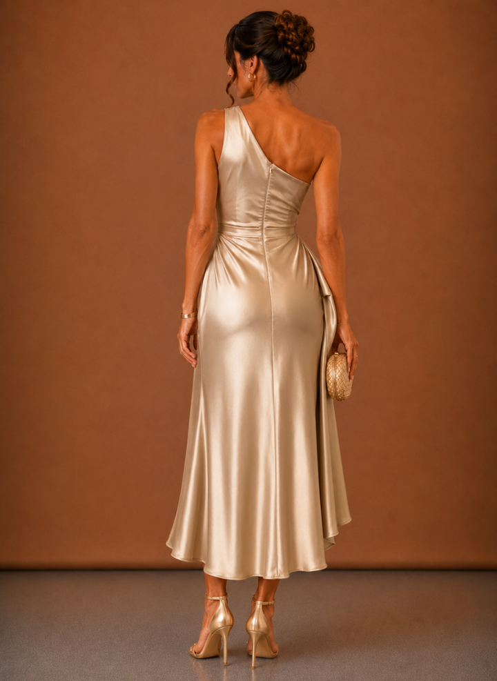 One-Shoulder Midikleid für Damen aus glänzendem Satin in Frontansicht