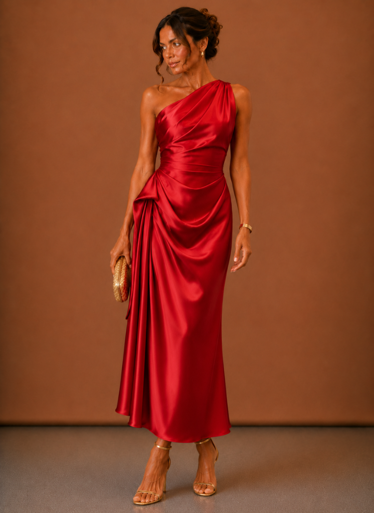 Damen Abendkleid in Midi-Länge mit asymmetrischer Schulterpartie
