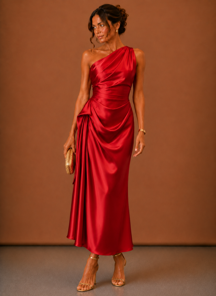 Damen Abendkleid in Midi-Länge mit asymmetrischer Schulterpartie