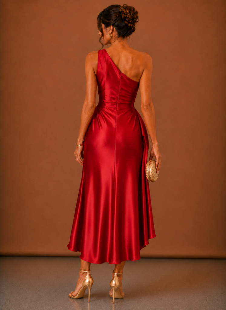 Midi Satin Kleid für Damen mit edlem One-Shoulder-Schnitt