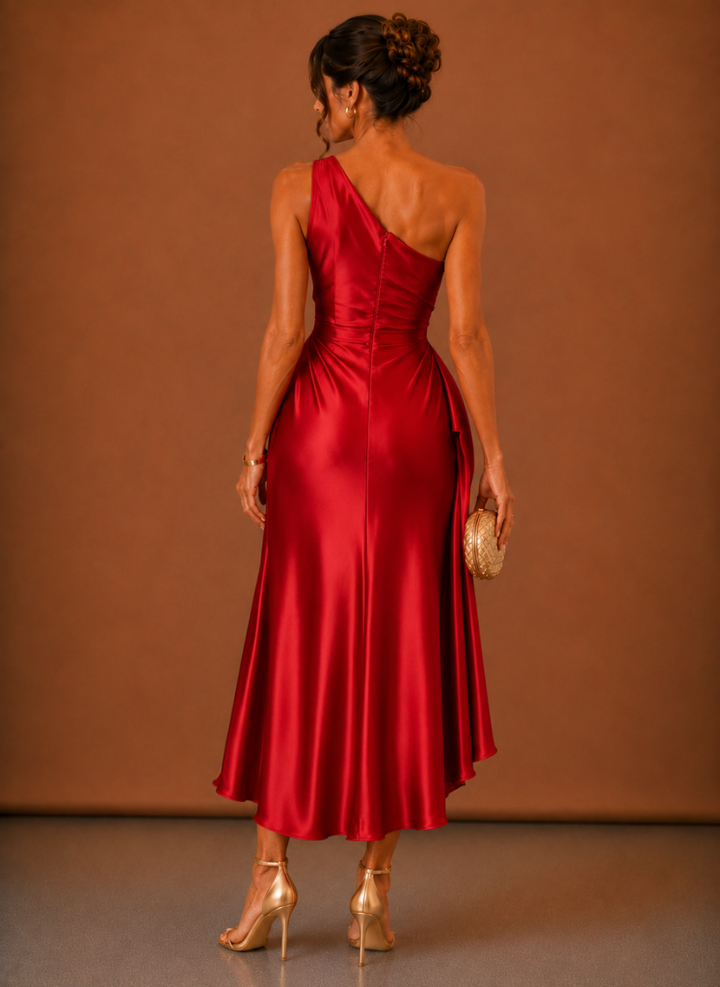 Midi Satin Kleid für Damen mit edlem One-Shoulder-Schnitt