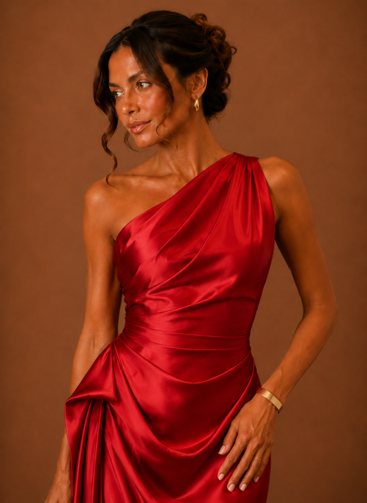 Elegantes festliches Satin Kleid für Damen in Rückansicht