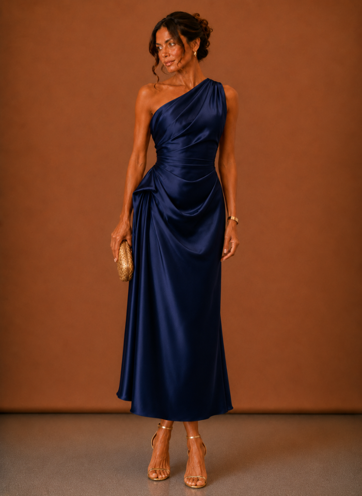 Damen Midi Kleid Satin One Shoulder Elegant