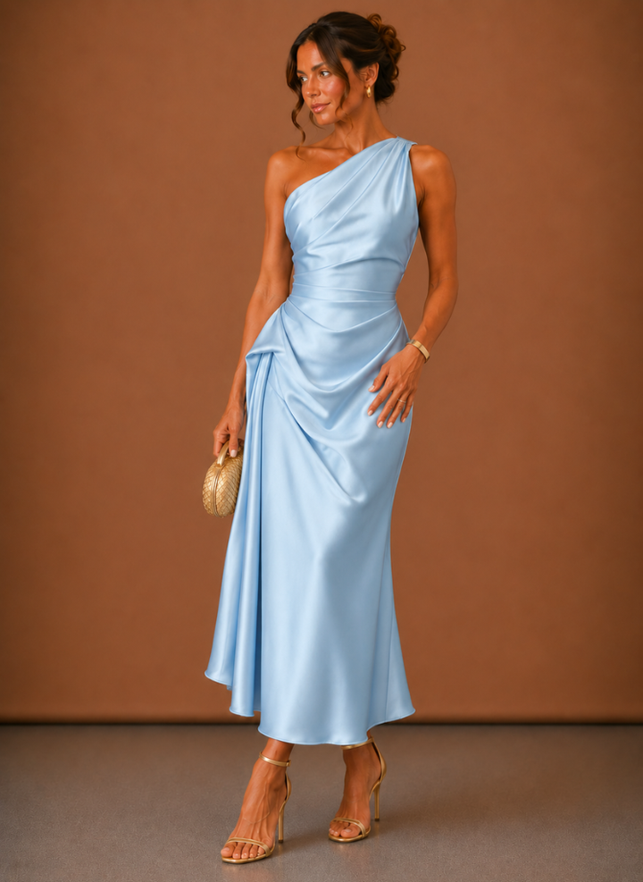 Damen Midi Kleid Satin One Shoulder Elegant