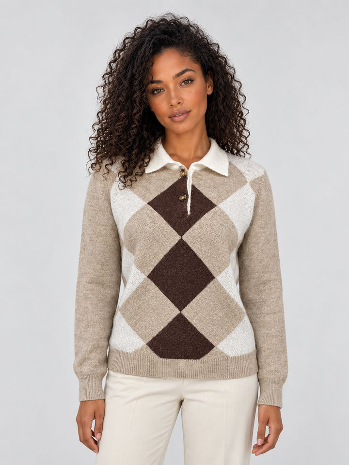 Damen-Strickpullover mit Rautenmuster und Kragen in der Vorderansicht