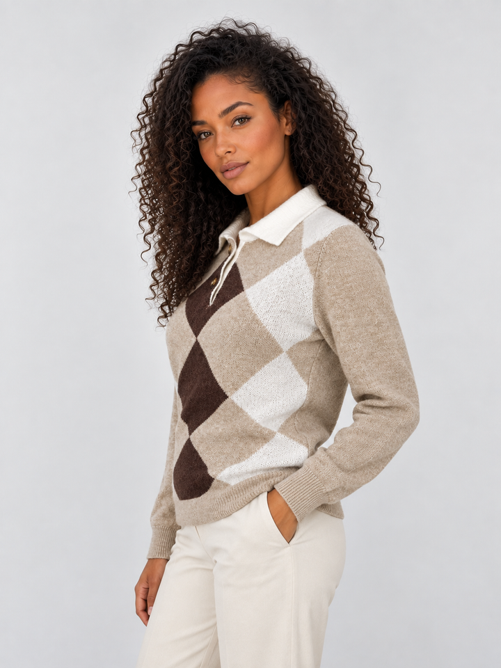 Damen-Strickpullover mit Rautenmuster und langen Ärmeln