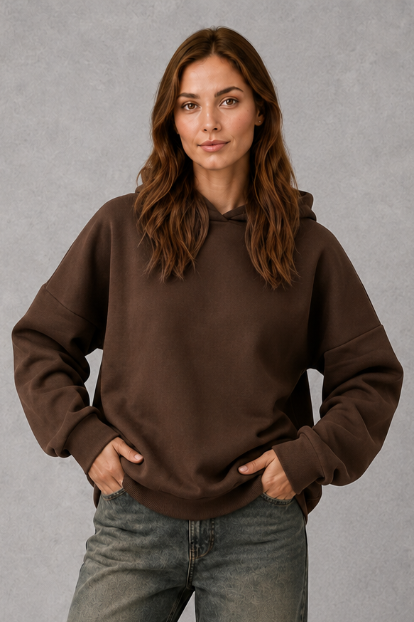 Seitliche Ansicht eines Damen Fleece-Hoodies mit Kapuze
