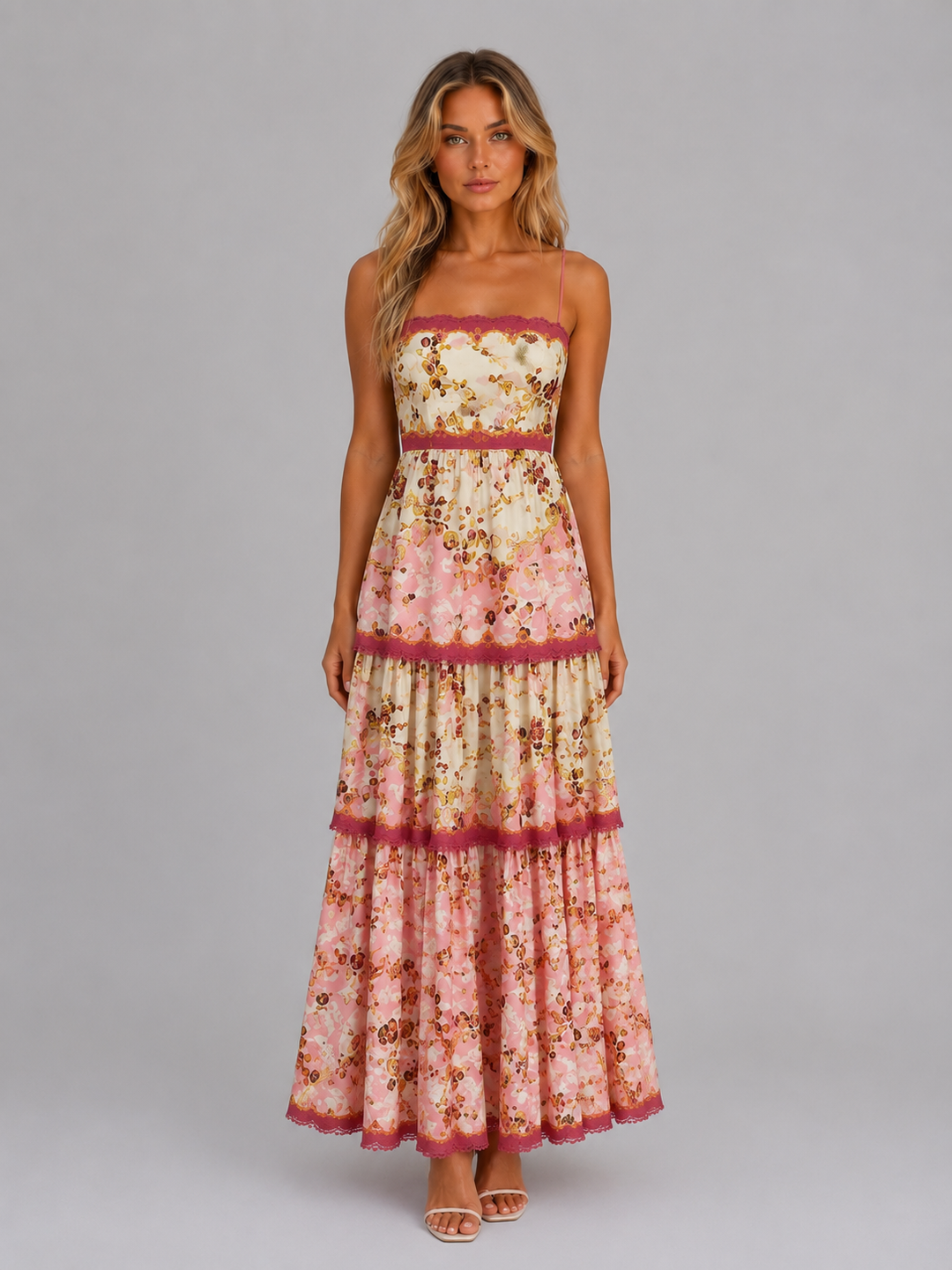 Damen-Maxikleid mit Blumenprint und Schnürung in voller Länge