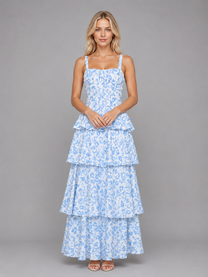 Damen Maxi Kleid Mit Blumenprint Und Stufenrock