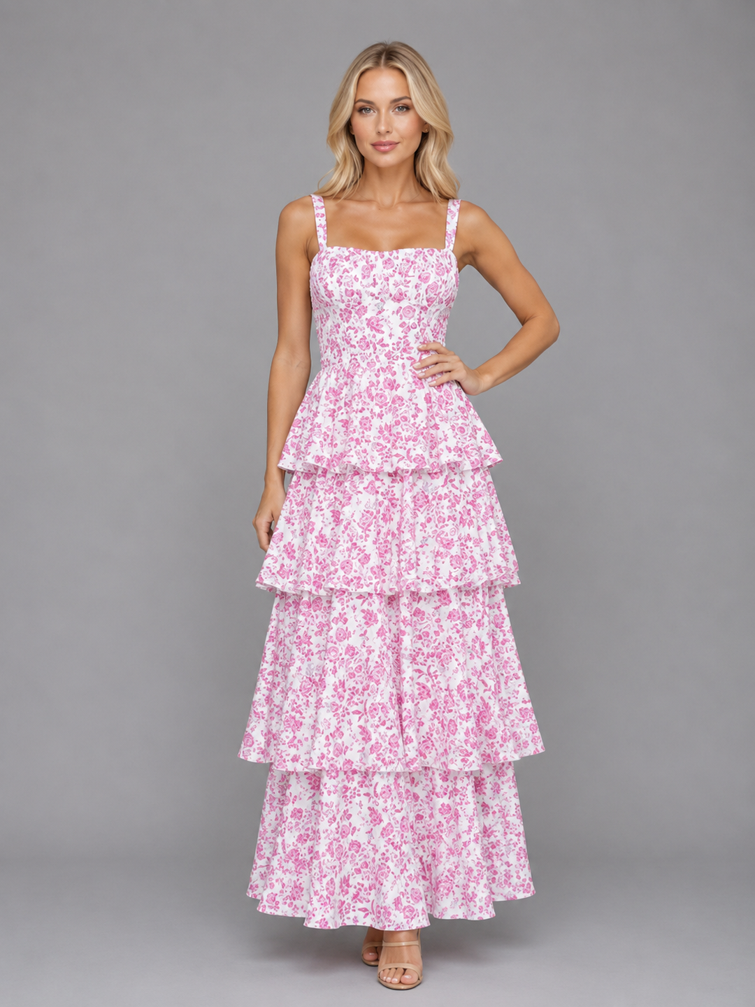 Damen Maxi Kleid Mit Blumenprint Und Stufenrock