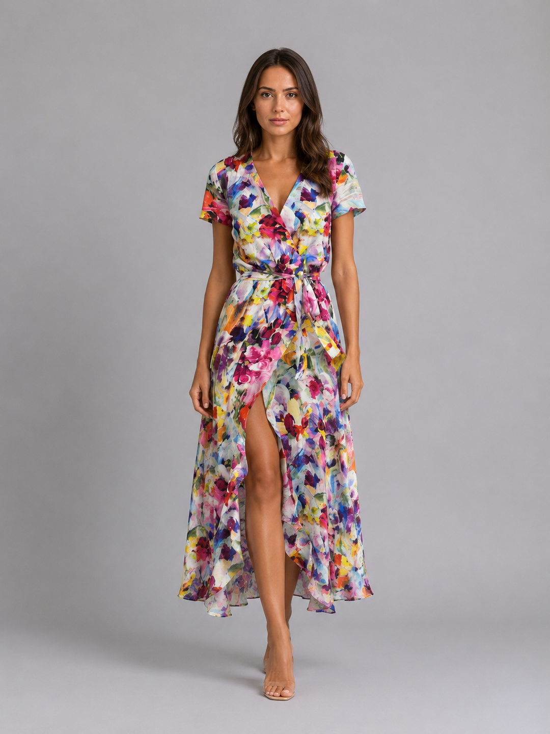 Damen Wickelkleid in Midilänge mit Blumenprint und Bindegürtel, Vorderansicht