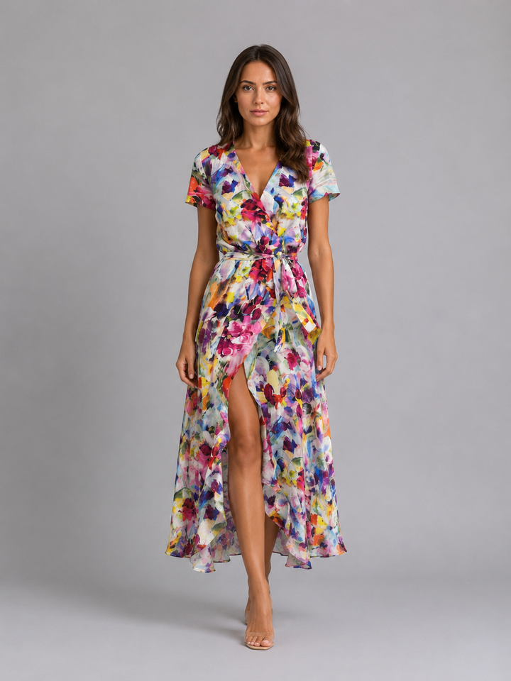 Damen Wickelkleid in Midilänge mit Blumenprint und Bindegürtel, Vorderansicht
