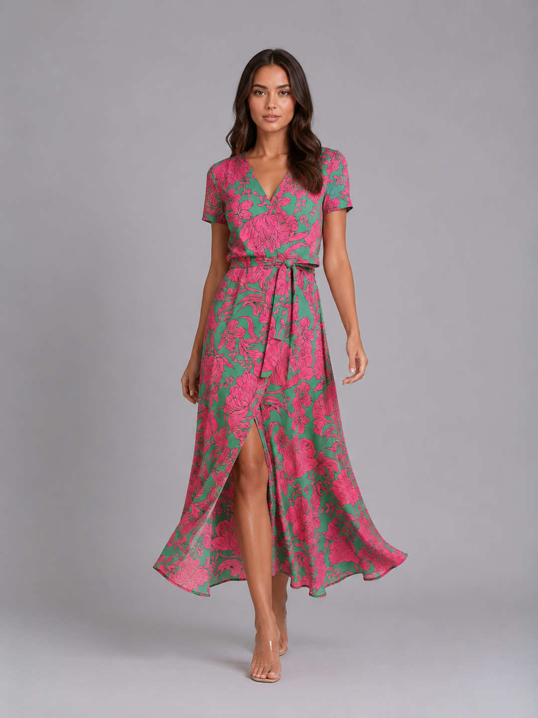 Detailansicht des Blumenprints und der Wickeloptik am Damenkleid