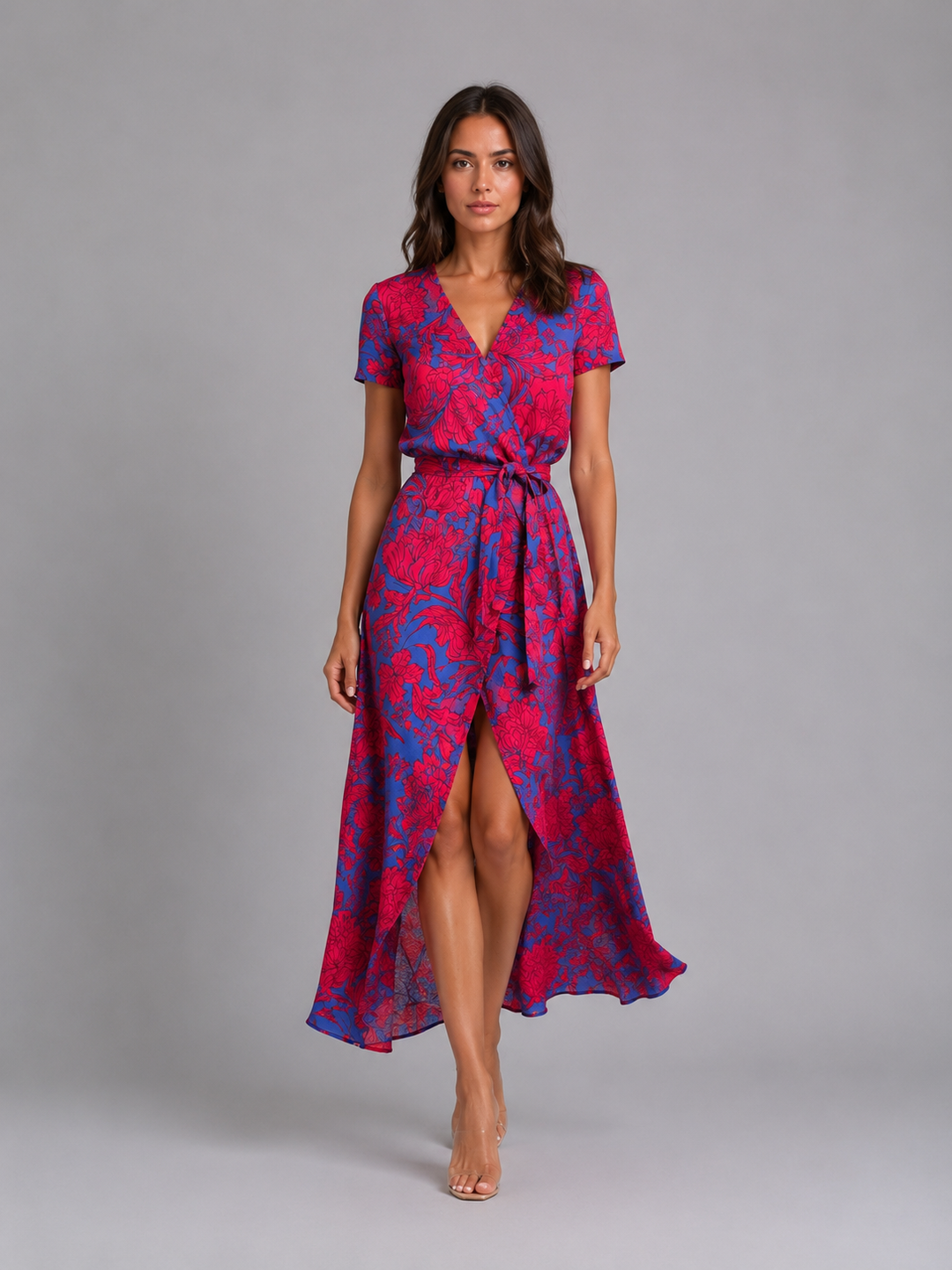 Damen Wickelkleid mit Taillenband und fließendem Midirock